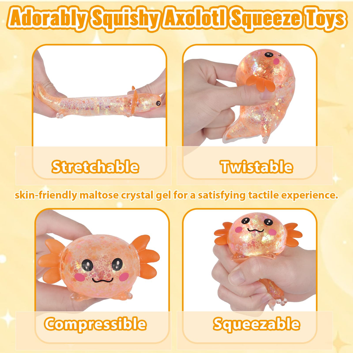 4pcs Axolotl Squishy Stress Relief Toy Glitter Fidget Toys Cute Malt Sugar Axolotl Toy Fidget Toys for Kids Youth Adult, Party Favors Anxiety Relief Squishy Toys(4pcs)