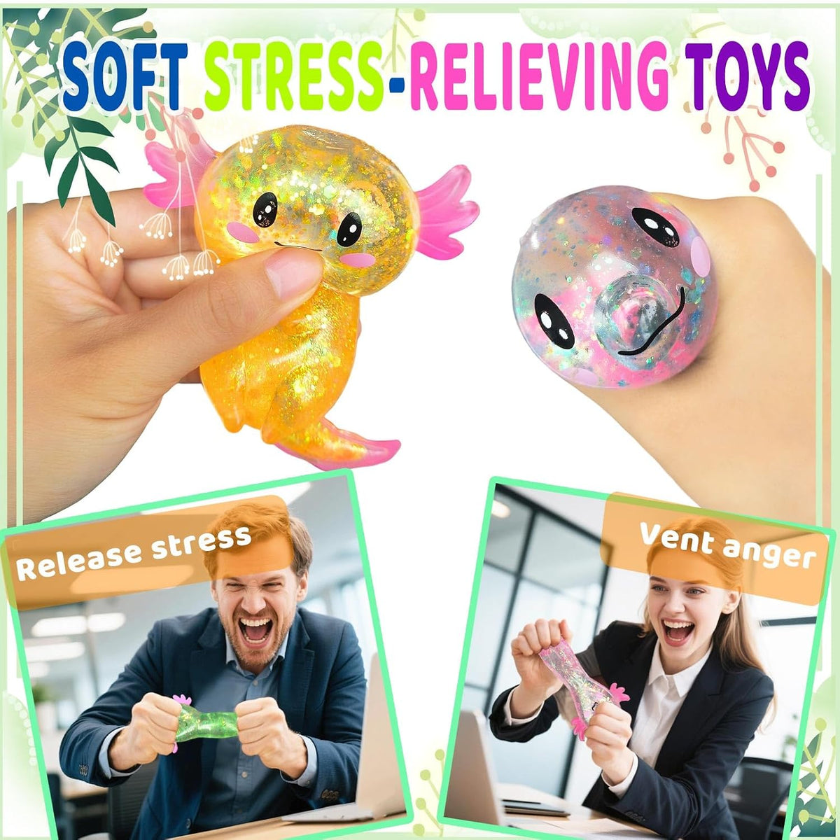 4pcs Axolotl Squishy Stress Relief Toy Glitter Fidget Toys Cute Malt Sugar Axolotl Toy Fidget Toys for Kids Youth Adult, Party Favors Anxiety Relief Squishy Toys(4pcs)