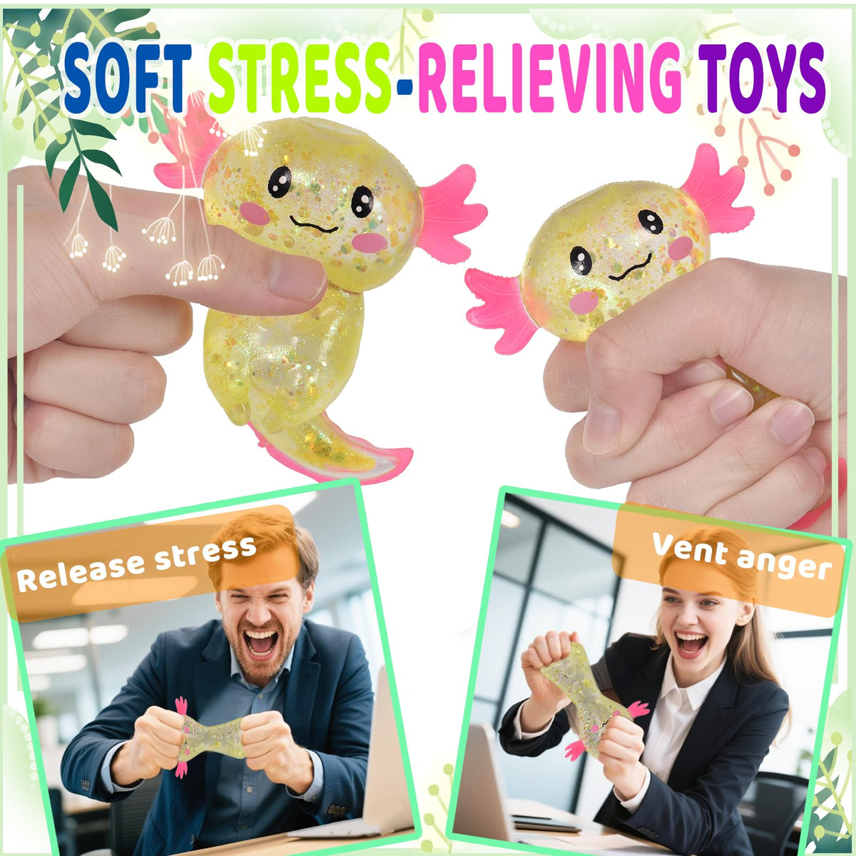 4pcs Axolotl Squishy Stress Relief Toy Glitter Fidget Toys Cute Malt Sugar Axolotl Toy Fidget Toys for Kids Youth Adult, Party Favors Anxiety Relief Squishy Toys(4pcs)