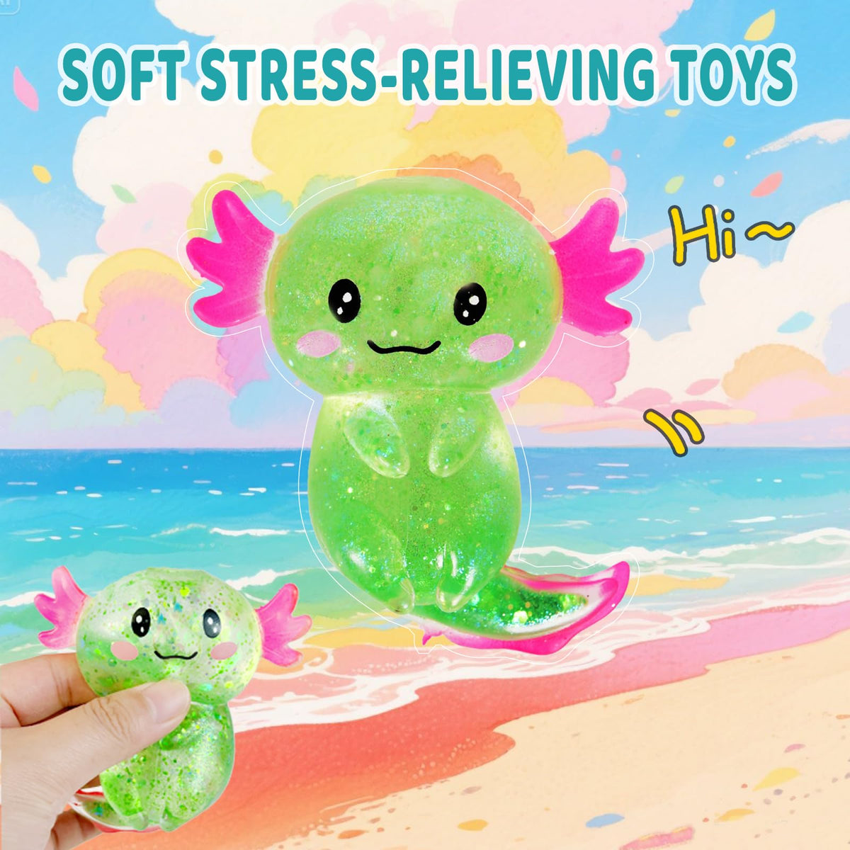 4pcs Axolotl Squishy Stress Relief Toy Glitter Fidget Toys Cute Malt Sugar Axolotl Toy Fidget Toys for Kids Youth Adult, Party Favors Anxiety Relief Squishy Toys(4pcs)