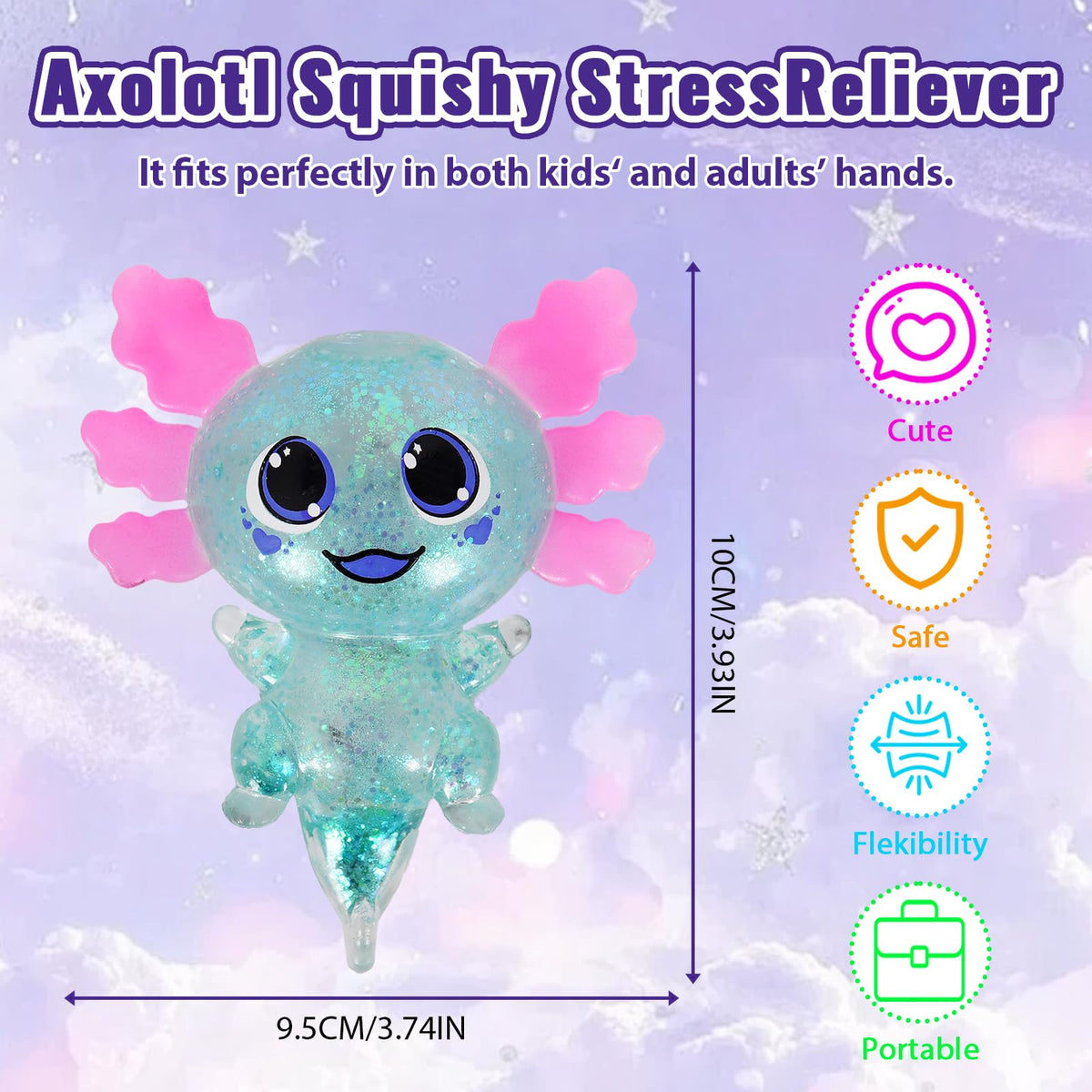 4pcs Axolotl Squishy Stress Relief Toy Glitter Fidget Toys Cute Malt Sugar Axolotl Toy Fidget Toys for Kids Youth Adult, Party Favors Anxiety Relief Squishy Toys(4pcs)