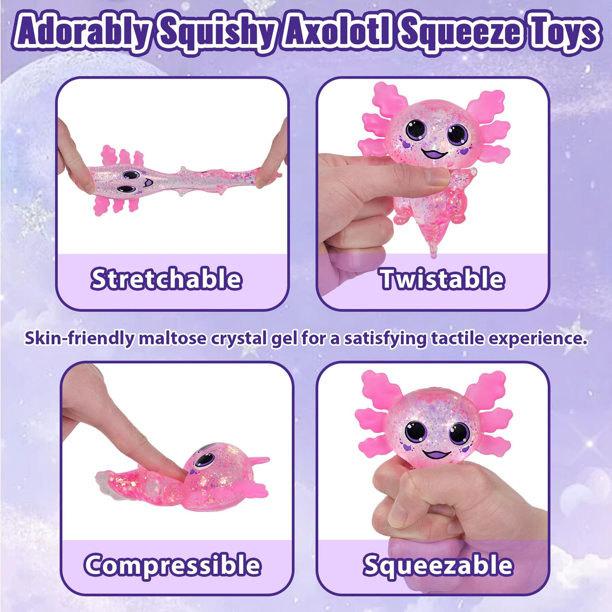 4pcs Axolotl Squishy Stress Relief Toy Glitter Fidget Toys Cute Malt Sugar Axolotl Toy Fidget Toys for Kids Youth Adult, Party Favors Anxiety Relief Squishy Toys(4pcs)