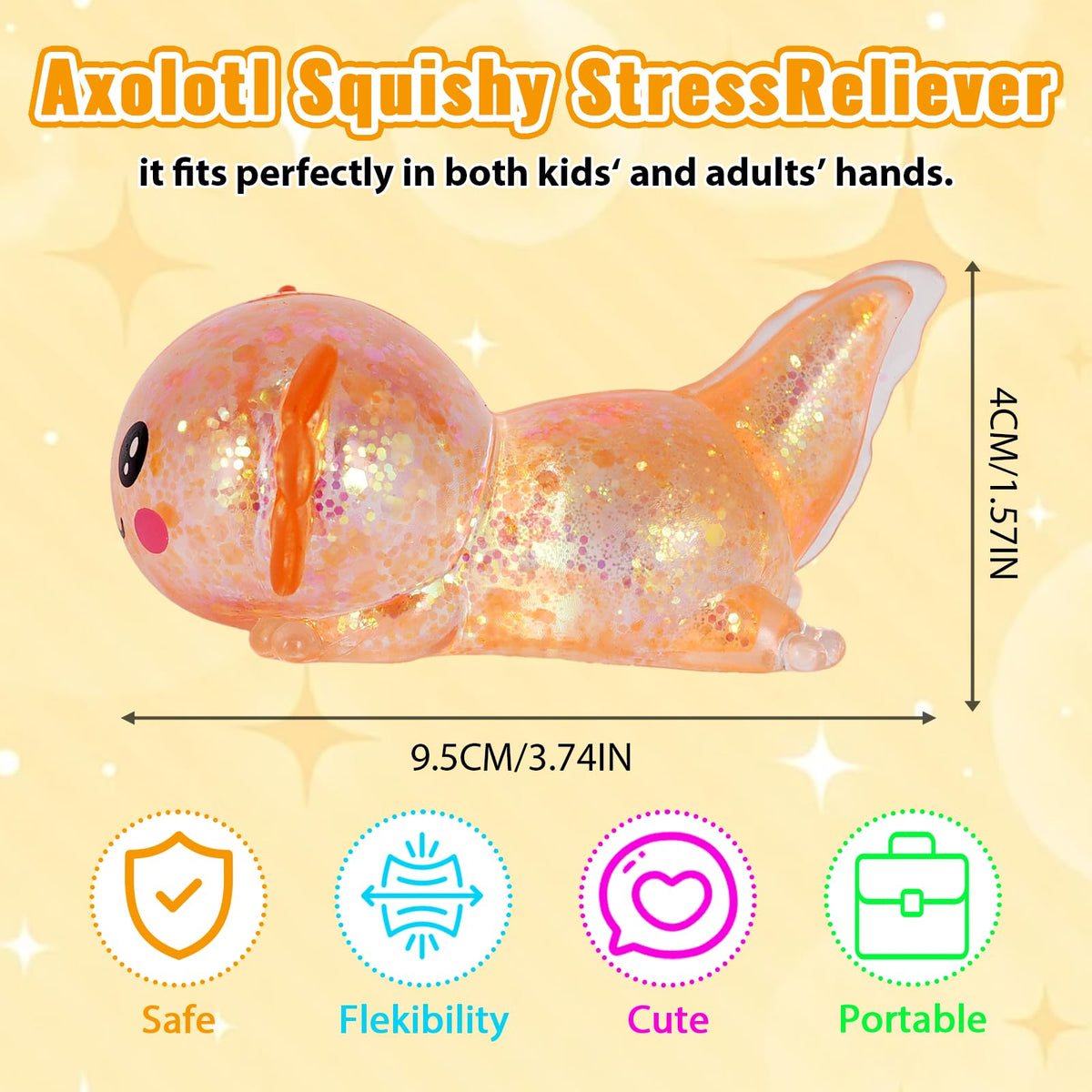 4pcs Axolotl Squishy Stress Relief Toy Glitter Fidget Toys Cute Malt Sugar Axolotl Toy Fidget Toys for Kids Youth Adult, Party Favors Anxiety Relief Squishy Toys(4pcs)