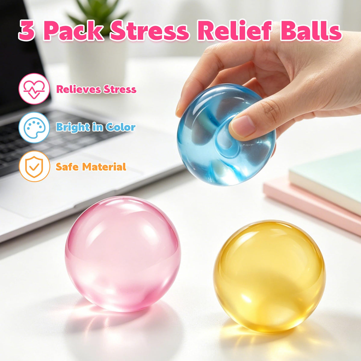 3pc Stress Balls for Adults, Squishy Ball Sensory Textured Memory Gel Fidget Toys for Kids/Adults Hand Exercises, Valentines Day Party Favors Anxiety Relief Squeeze Ball(1.80“)