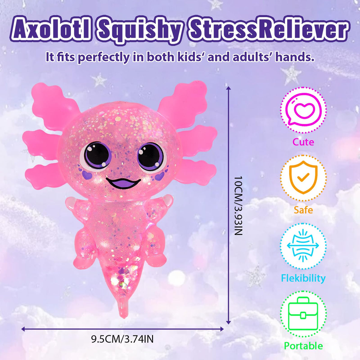 4pcs Axolotl Squishy Stress Relief Toy Glitter Fidget Toys Cute Malt Sugar Axolotl Toy Fidget Toys for Kids Youth Adult, Party Favors Anxiety Relief Squishy Toys(4pcs)