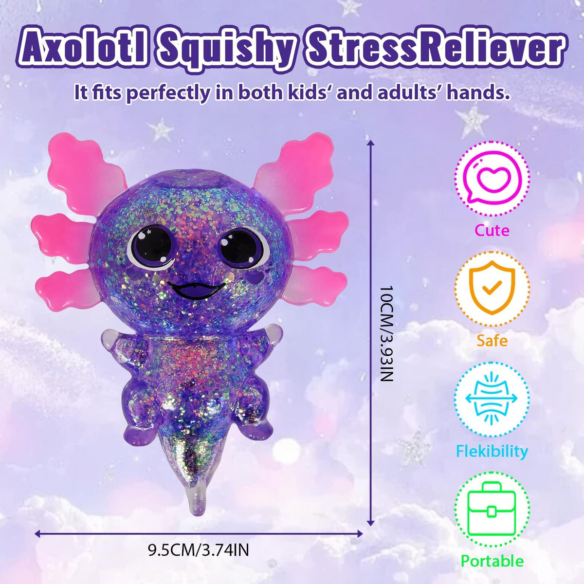 4pcs Axolotl Squishy Stress Relief Toy Glitter Fidget Toys Cute Malt Sugar Axolotl Toy Fidget Toys for Kids Youth Adult, Party Favors Anxiety Relief Squishy Toys(4pcs)