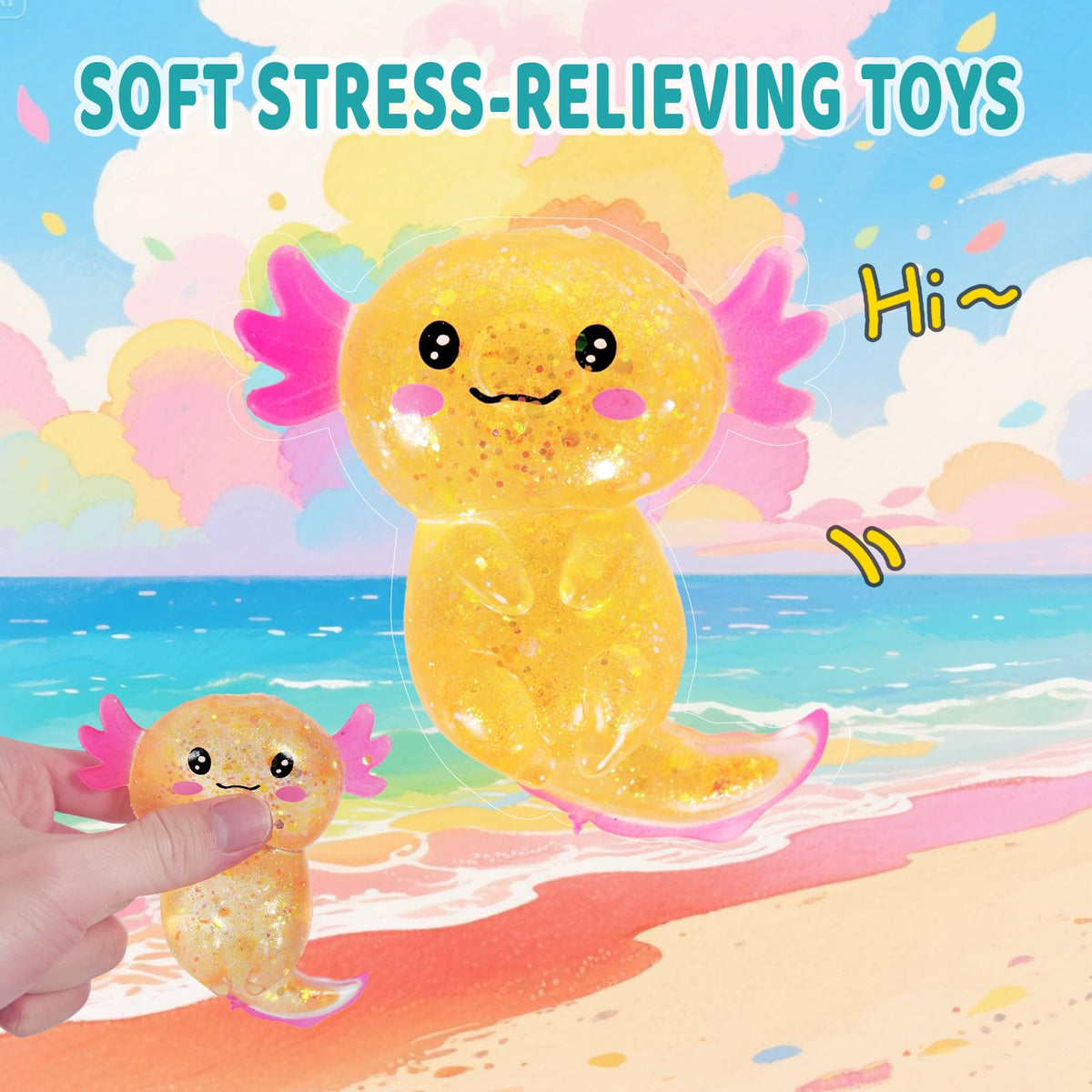 4pcs Axolotl Squishy Stress Relief Toy Glitter Fidget Toys Cute Malt Sugar Axolotl Toy Fidget Toys for Kids Youth Adult, Party Favors Anxiety Relief Squishy Toys(4pcs)