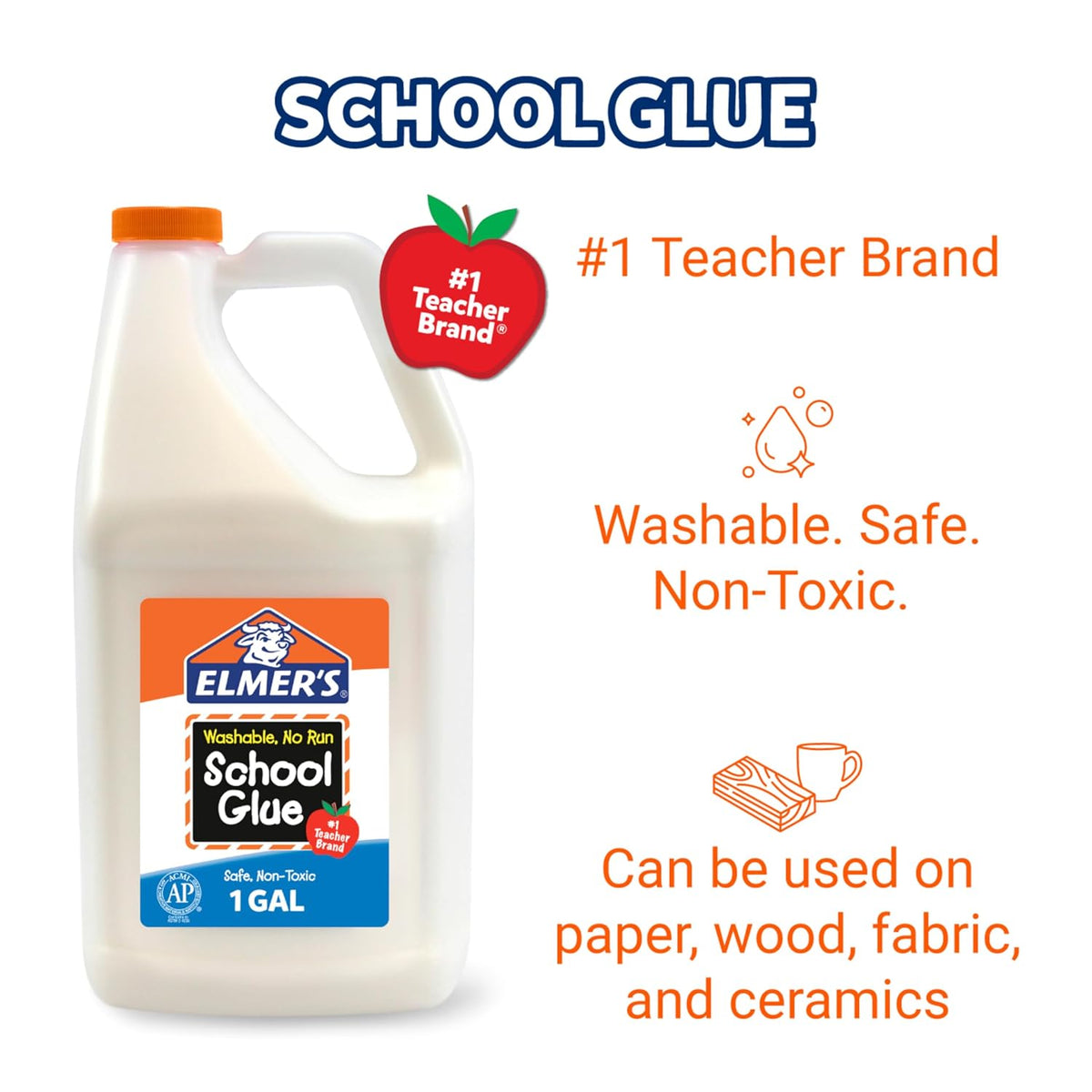 Elmer's White Liquid School Glue, 1 Gallon, Safe, Washable, 1 Count, - #1 Teacher Brand, Bulk Arts & Crafts, Projects, Classroom Supplies, Great for Making Slime