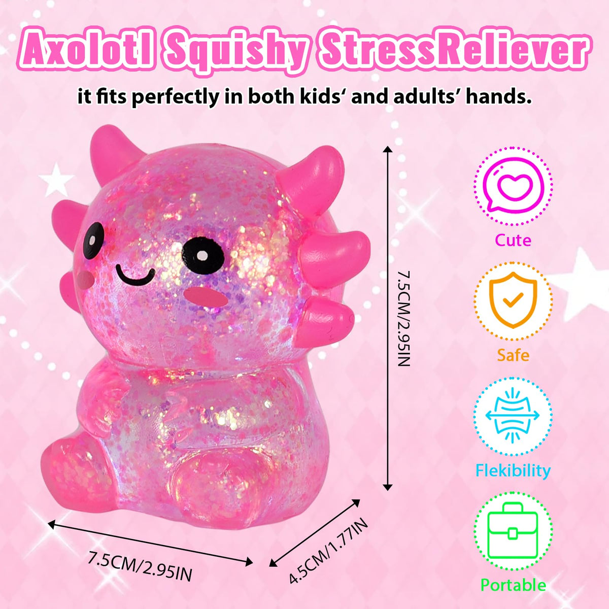 4pcs Axolotl Squishy Stress Relief Toy Glitter Fidget Toys Cute Malt Sugar Axolotl Toy Fidget Toys for Kids Youth Adult, Party Favors Anxiety Relief Squishy Toys(4pcs)