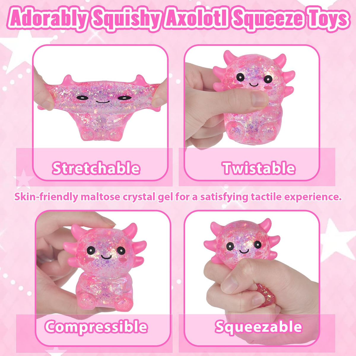 4pcs Axolotl Squishy Stress Relief Toy Glitter Fidget Toys Cute Malt Sugar Axolotl Toy Fidget Toys for Kids Youth Adult, Party Favors Anxiety Relief Squishy Toys(4pcs)