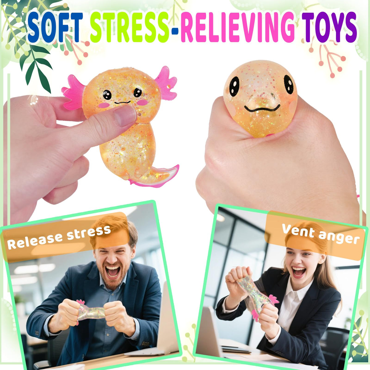 4pcs Axolotl Squishy Stress Relief Toy Glitter Fidget Toys Cute Malt Sugar Axolotl Toy Fidget Toys for Kids Youth Adult, Party Favors Anxiety Relief Squishy Toys(4pcs)