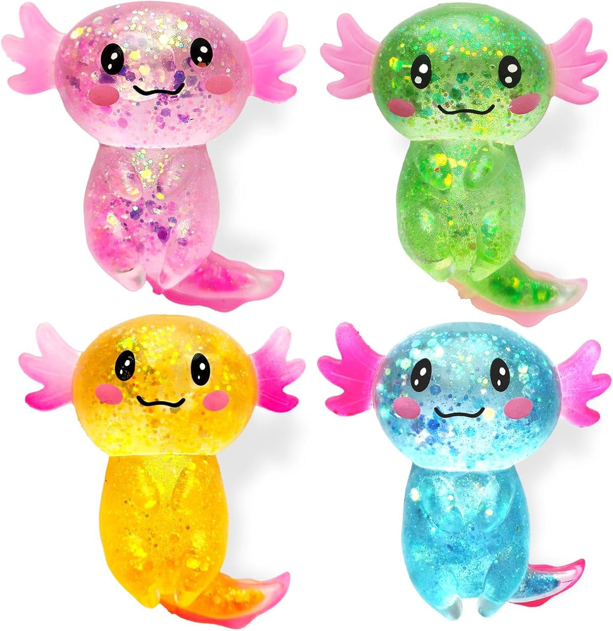 4pcs Axolotl Squishy Stress Relief Toy Glitter Fidget Toys Cute Malt Sugar Axolotl Toy Fidget Toys for Kids Youth Adult, Party Favors Anxiety Relief Squishy Toys(4pcs)