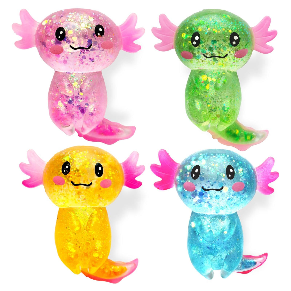 4pcs Axolotl Squishy Stress Relief Toy Glitter Fidget Toys Cute Malt Sugar Axolotl Toy Fidget Toys for Kids Youth Adult, Party Favors Anxiety Relief Squishy Toys(4pcs)