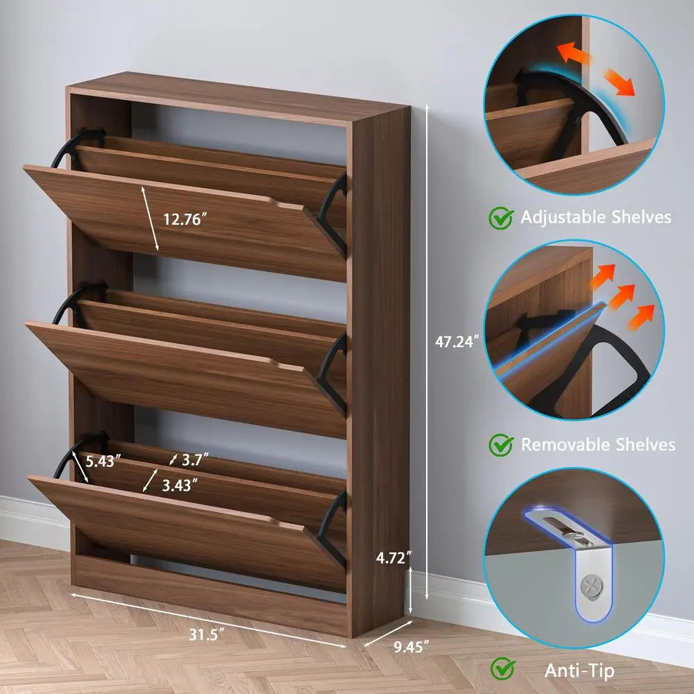 Shoe Cabinet with 3 Flip Drawers, Slim Narrow Shoe Storage Cabinet, Freestanding Shoe Organizer with Adjustable amp Removable S