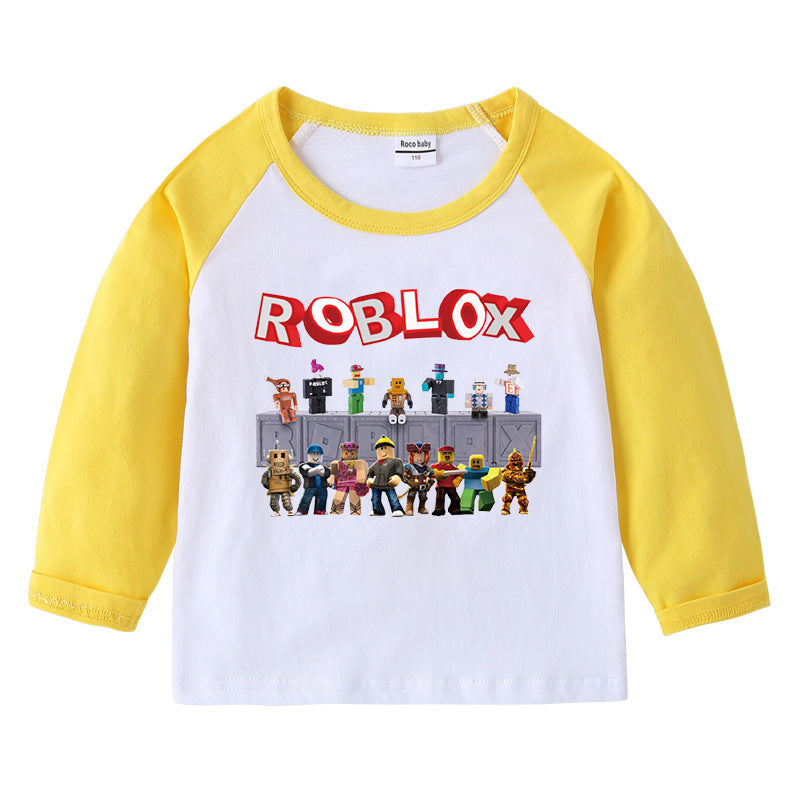 Children's pure cotton shoulder T-shirt with round neck and long sleeves