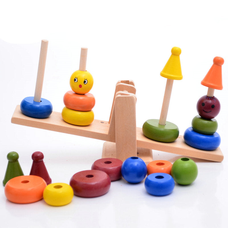 Montessori teaching AIDS children wooden rainbow tower balance toys, children clown balance blocks wood toys