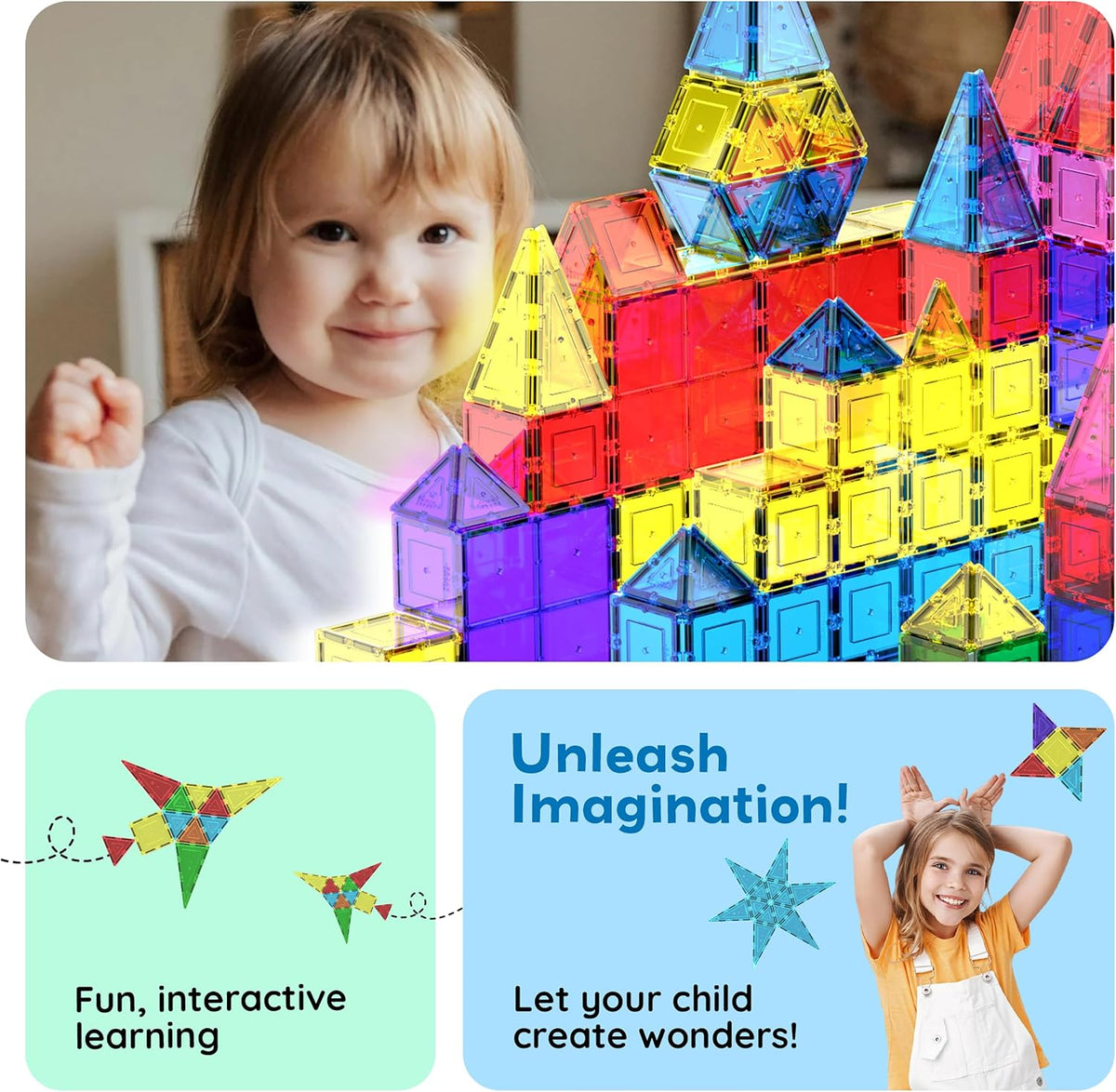 PicassoTiles 100 Piece Magnetic Tiles, Clear 3D Building Blocks for Kids 3+
