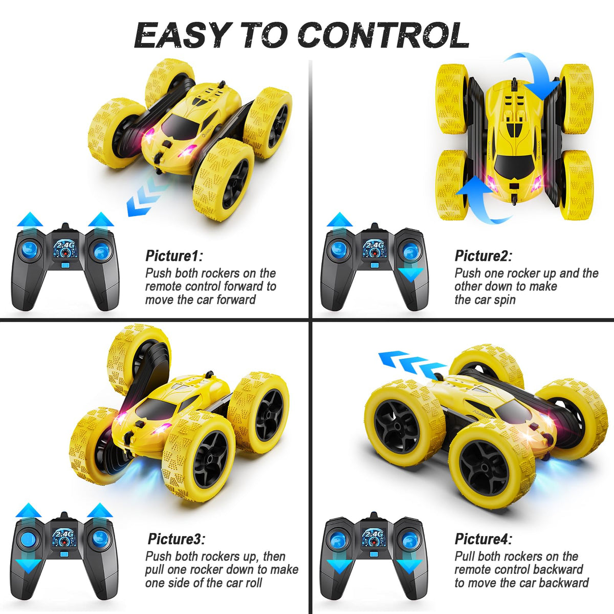 QUNREDA Remote Control Car, RC Cars Toys for Kids Ages 6-12, 4WD Stunt Car with LED Lights & 360° Flips, 2.4GHz, Upgraded USB-C Modular Batteries, 8-10 Year Old Boys Birthday Gift 1-Blue