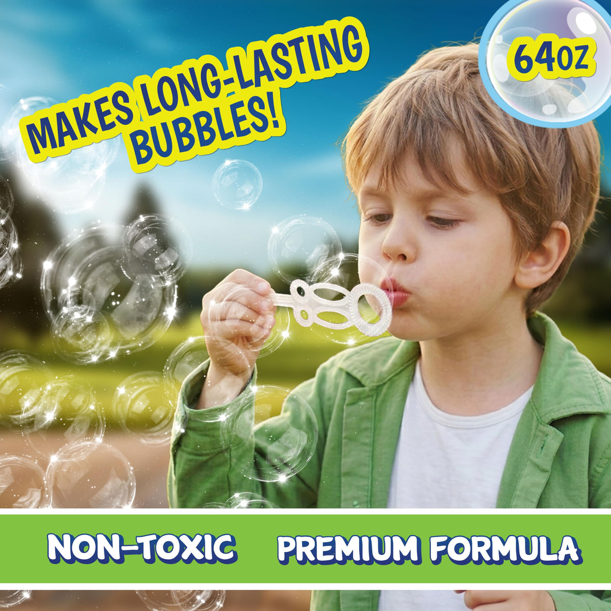 Sunny Days Entertainment Bubble Solution Refill with Wand 64oz Non Toxic Dye Free (1/2 Gallon), Kids Easy Grip Bottle Refill for Bubble Machine, Bubble Wands, Bubble Toys, Pack of 6