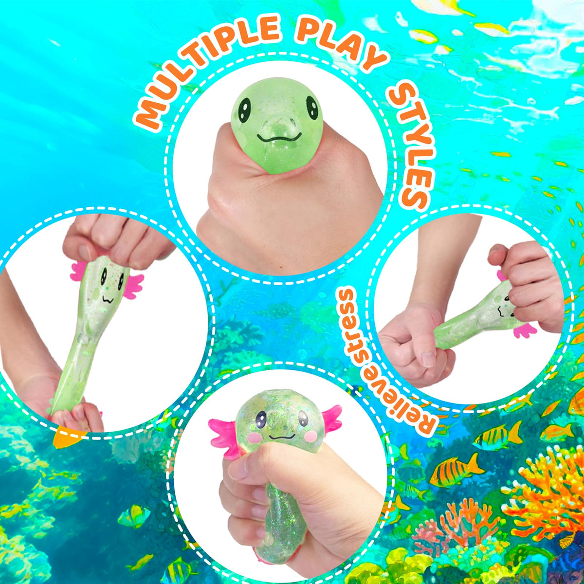 4pcs Axolotl Squishy Stress Relief Toy Glitter Fidget Toys Cute Malt Sugar Axolotl Toy Fidget Toys for Kids Youth Adult, Party Favors Anxiety Relief Squishy Toys(4pcs)