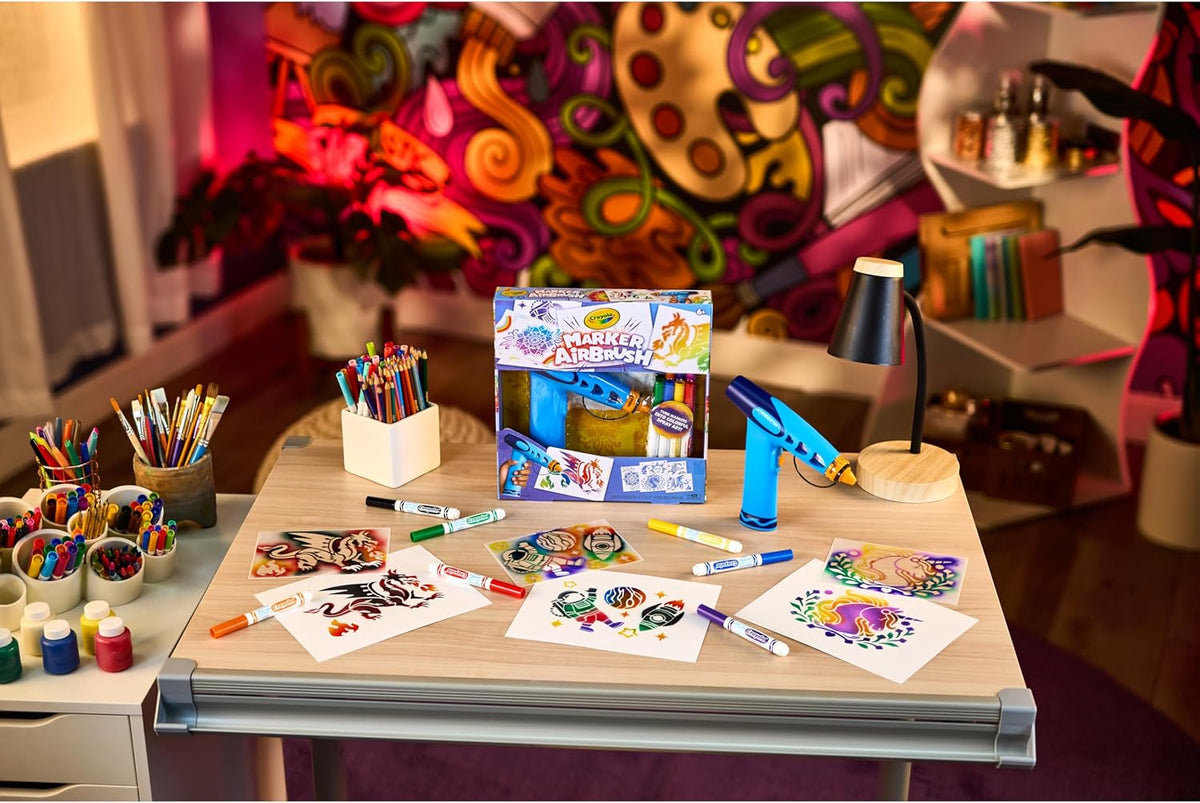 Crayola Marker Airbrush Spray Art Kit, 8 Washable Markers, 5 Stencils