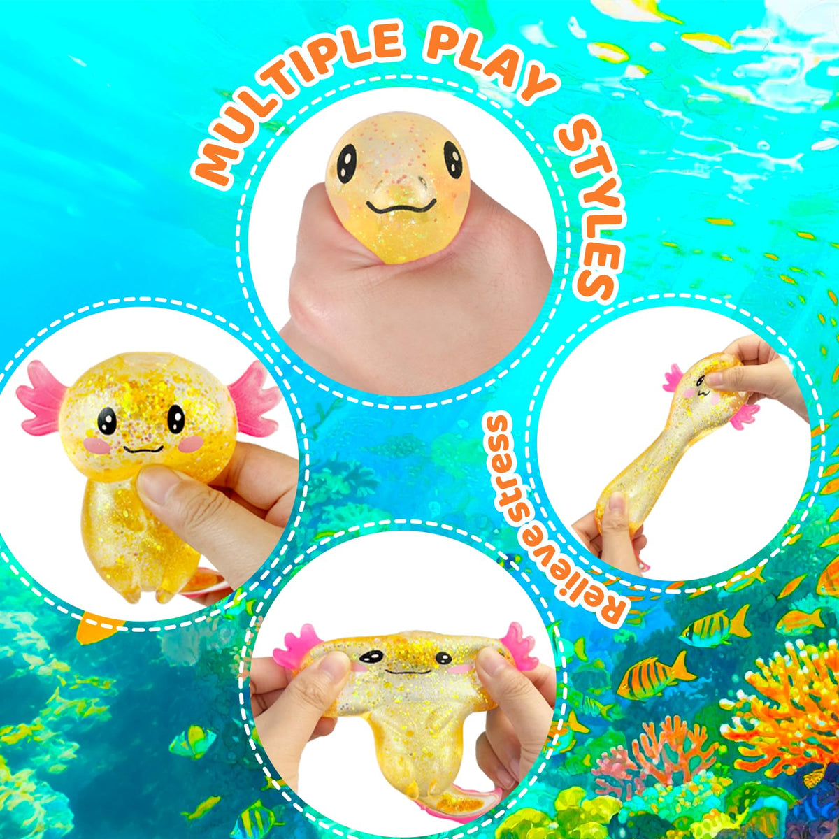 4pcs Axolotl Squishy Stress Relief Toy Glitter Fidget Toys Cute Malt Sugar Axolotl Toy Fidget Toys for Kids Youth Adult, Party Favors Anxiety Relief Squishy Toys(4pcs)