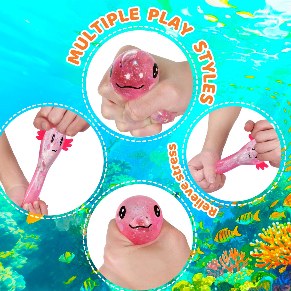 4pcs Axolotl Squishy Stress Relief Toy Glitter Fidget Toys Cute Malt Sugar Axolotl Toy Fidget Toys for Kids Youth Adult, Party Favors Anxiety Relief Squishy Toys(4pcs)