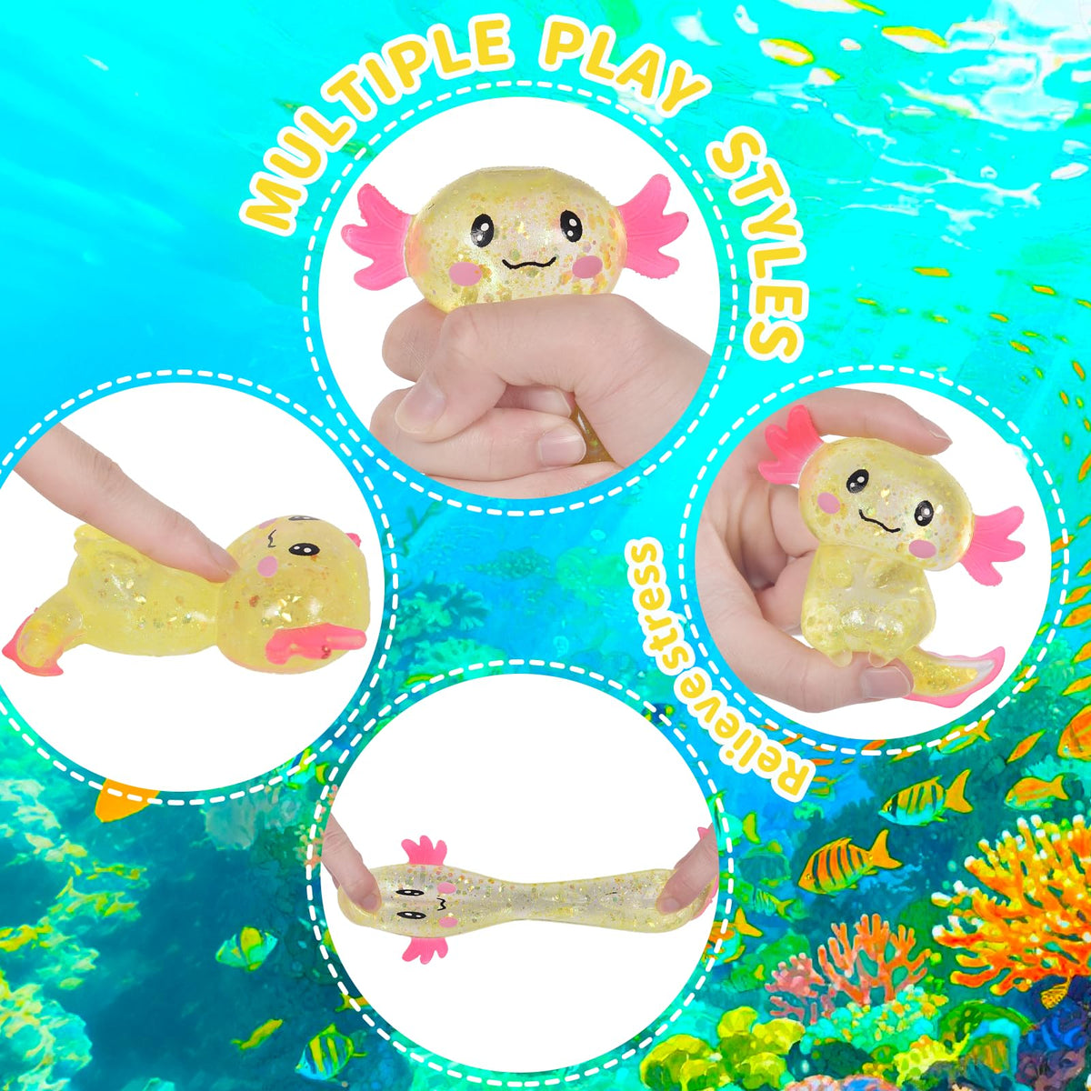 4pcs Axolotl Squishy Stress Relief Toy Glitter Fidget Toys Cute Malt Sugar Axolotl Toy Fidget Toys for Kids Youth Adult, Party Favors Anxiety Relief Squishy Toys(4pcs)