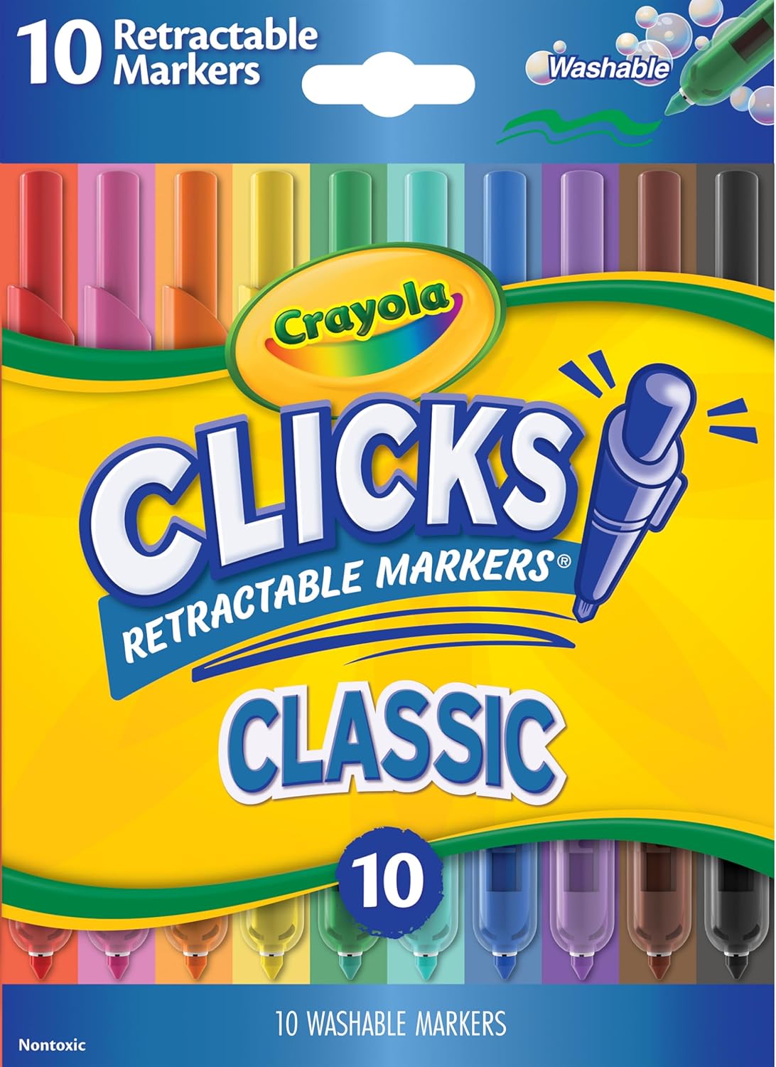 Crayola Clicks Retractable Tip Markers (10ct), Washable Cone Tip Art Marker Set, Cute Aesthetic School Supplies, Classroom Must Haves, Ages 8+