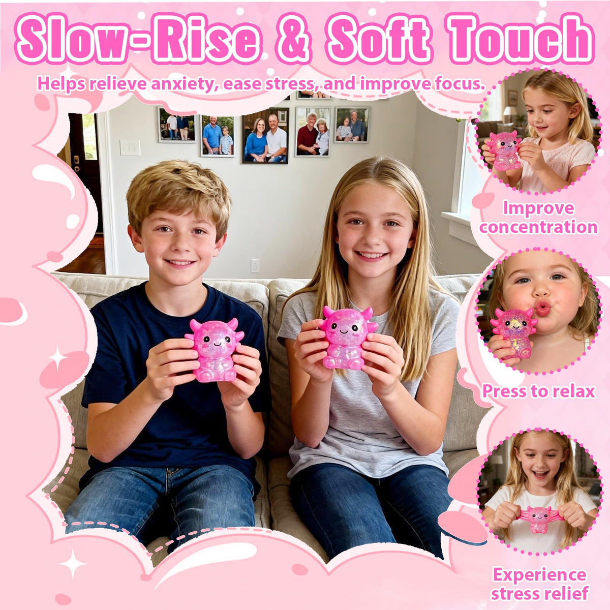 4pcs Axolotl Squishy Stress Relief Toy Glitter Fidget Toys Cute Malt Sugar Axolotl Toy Fidget Toys for Kids Youth Adult, Party Favors Anxiety Relief Squishy Toys(4pcs)