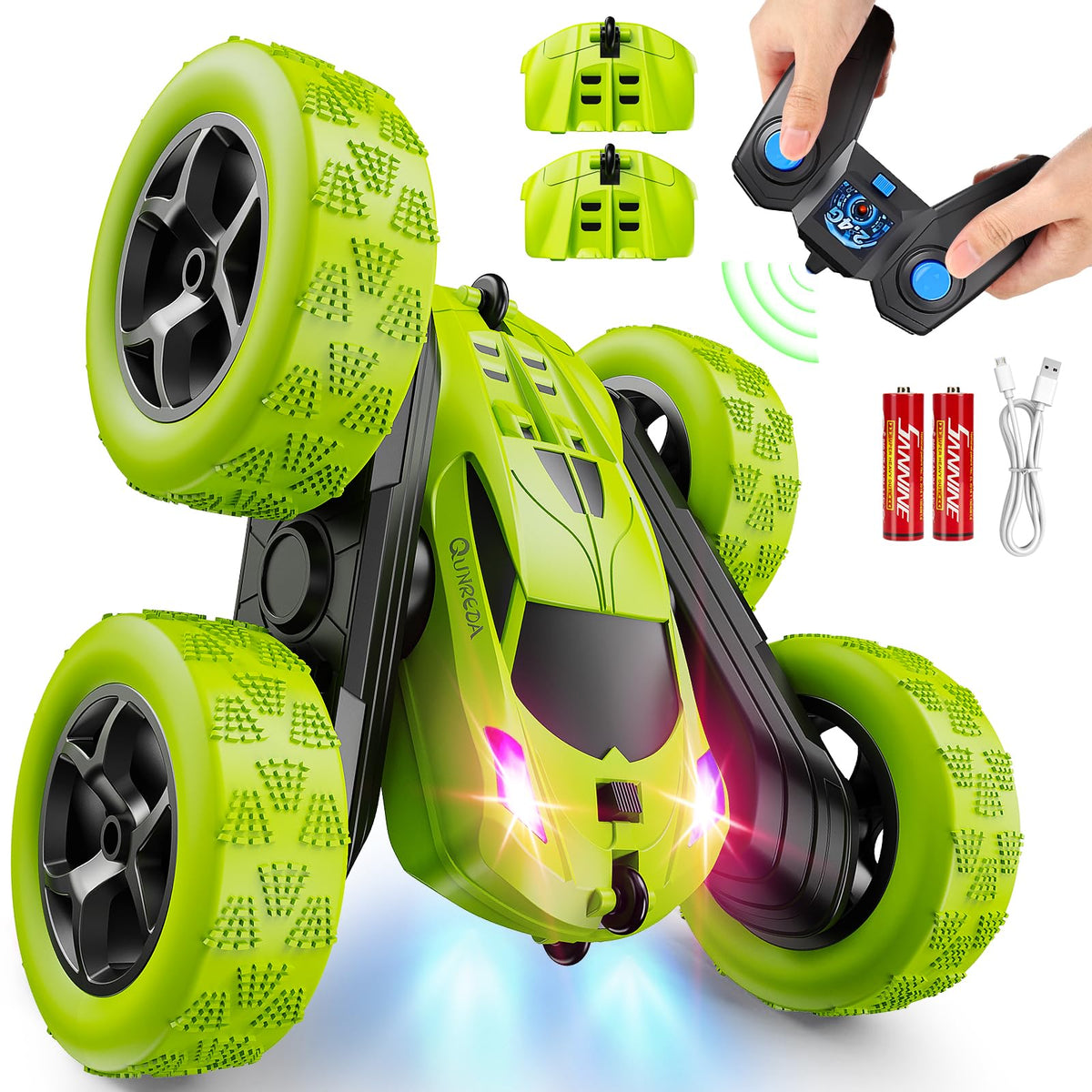 QUNREDA Remote Control Car, RC Cars Toys for Kids Ages 6-12, 4WD Stunt Car with LED Lights & 360° Flips, 2.4GHz, Upgraded USB-C Modular Batteries, 8-10 Year Old Boys Birthday Gift 1-Blue
