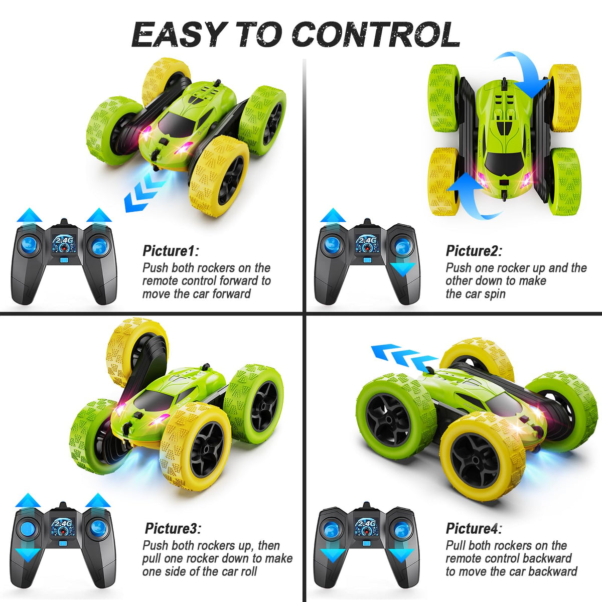 QUNREDA Remote Control Car, RC Cars Toys for Kids Ages 6-12, 4WD Stunt Car with LED Lights & 360° Flips, 2.4GHz, Upgraded USB-C Modular Batteries, 8-10 Year Old Boys Birthday Gift 1-Blue