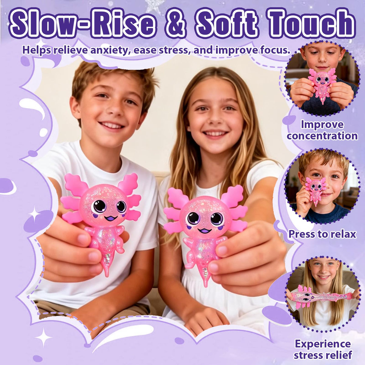 4pcs Axolotl Squishy Stress Relief Toy Glitter Fidget Toys Cute Malt Sugar Axolotl Toy Fidget Toys for Kids Youth Adult, Party Favors Anxiety Relief Squishy Toys(4pcs)