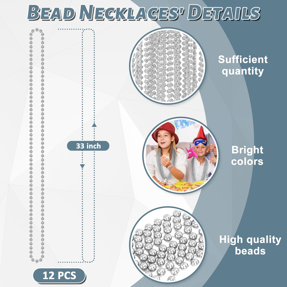 EOBOH 72PCS Bead Necklace, Silver Christmas Bead Necklace Party Favors Bulk, 33" Xmas Necklaces Stuff, Festival Events Parade Throw Accessories for Xmas Mardi Gras Wedding Birthday Celebrations Decor