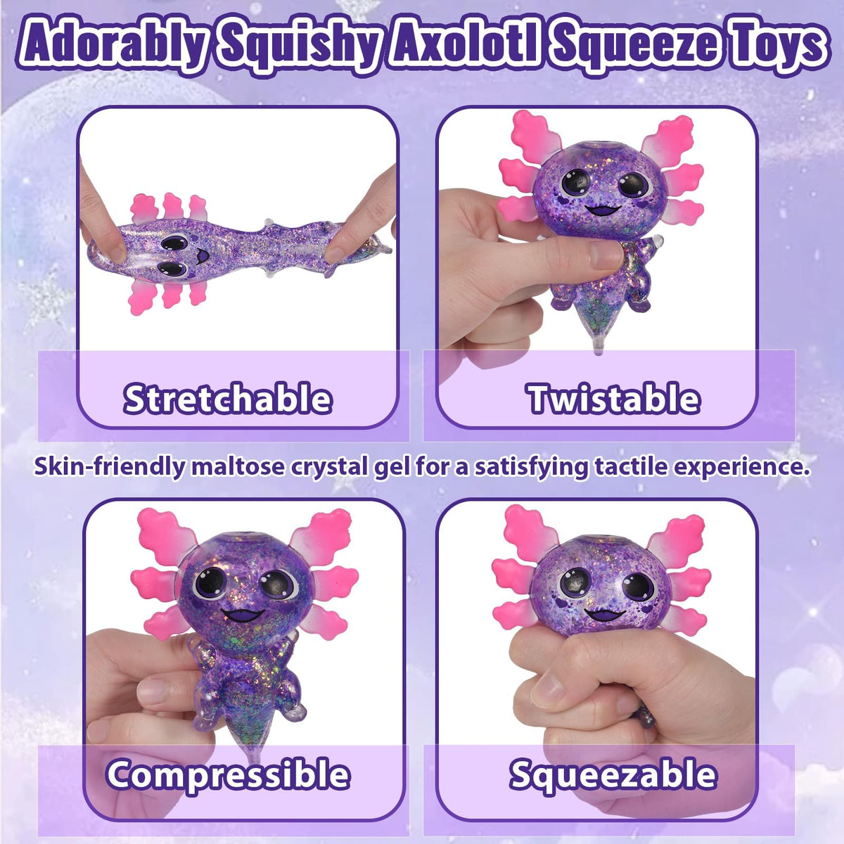 4pcs Axolotl Squishy Stress Relief Toy Glitter Fidget Toys Cute Malt Sugar Axolotl Toy Fidget Toys for Kids Youth Adult, Party Favors Anxiety Relief Squishy Toys(4pcs)