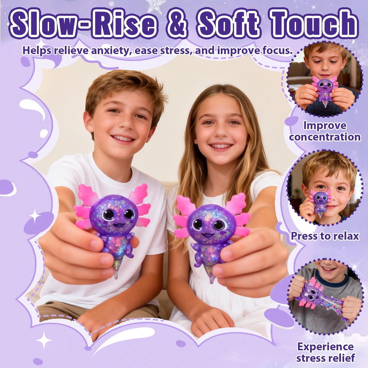 4pcs Axolotl Squishy Stress Relief Toy Glitter Fidget Toys Cute Malt Sugar Axolotl Toy Fidget Toys for Kids Youth Adult, Party Favors Anxiety Relief Squishy Toys(4pcs)