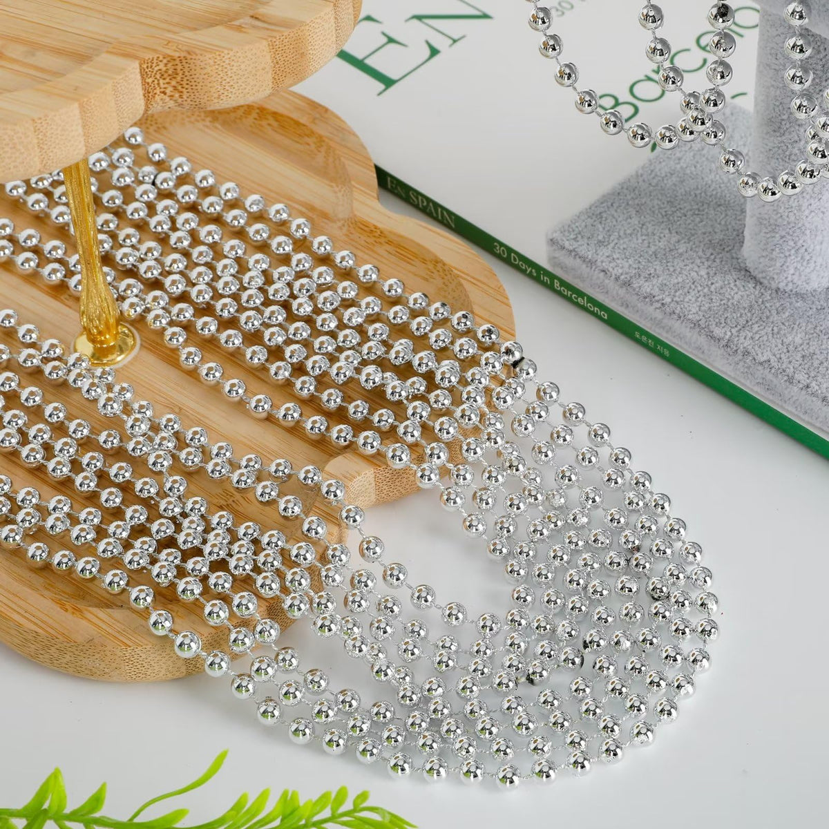 EOBOH 72PCS Bead Necklace, Silver Christmas Bead Necklace Party Favors Bulk, 33" Xmas Necklaces Stuff, Festival Events Parade Throw Accessories for Xmas Mardi Gras Wedding Birthday Celebrations Decor