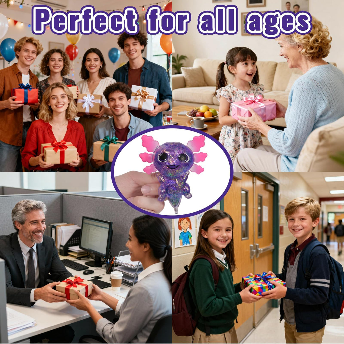 4pcs Axolotl Squishy Stress Relief Toy Glitter Fidget Toys Cute Malt Sugar Axolotl Toy Fidget Toys for Kids Youth Adult, Party Favors Anxiety Relief Squishy Toys(4pcs)