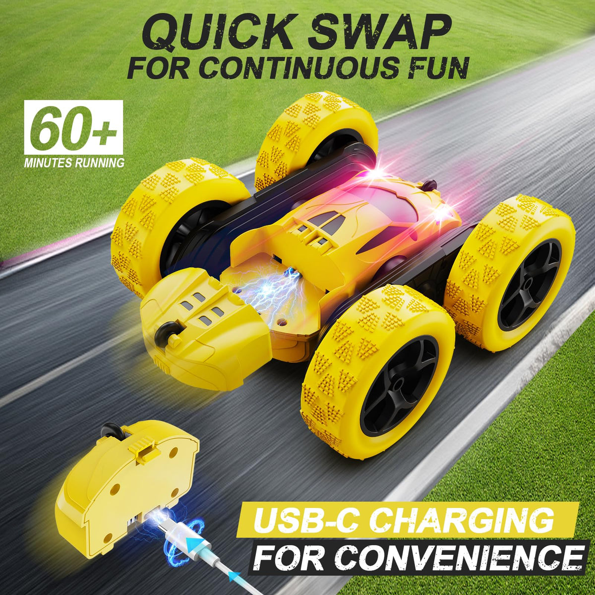 QUNREDA Remote Control Car, RC Cars Toys for Kids Ages 6-12, 4WD Stunt Car with LED Lights & 360° Flips, 2.4GHz, Upgraded USB-C Modular Batteries, 8-10 Year Old Boys Birthday Gift 1-Blue