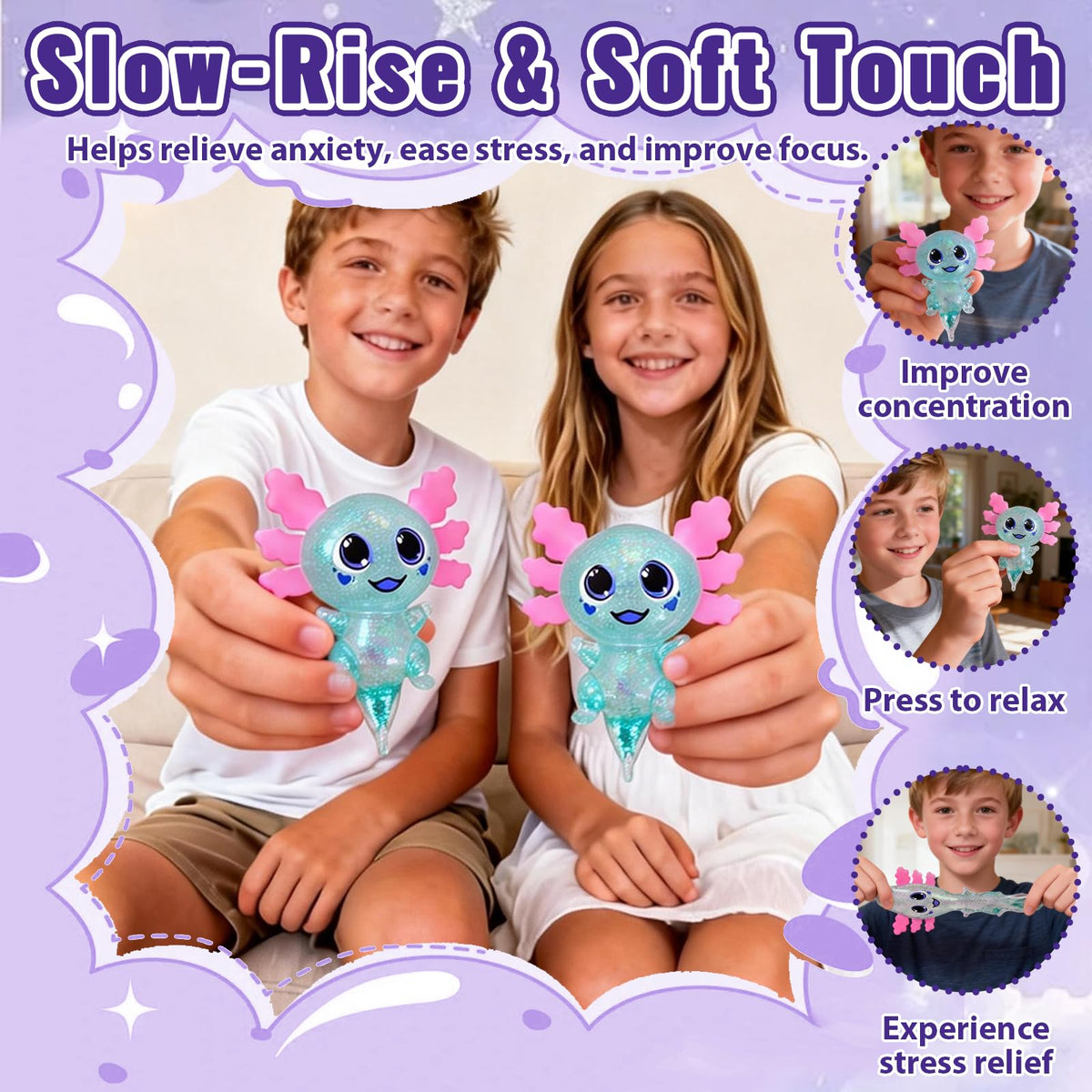 4pcs Axolotl Squishy Stress Relief Toy Glitter Fidget Toys Cute Malt Sugar Axolotl Toy Fidget Toys for Kids Youth Adult, Party Favors Anxiety Relief Squishy Toys(4pcs)