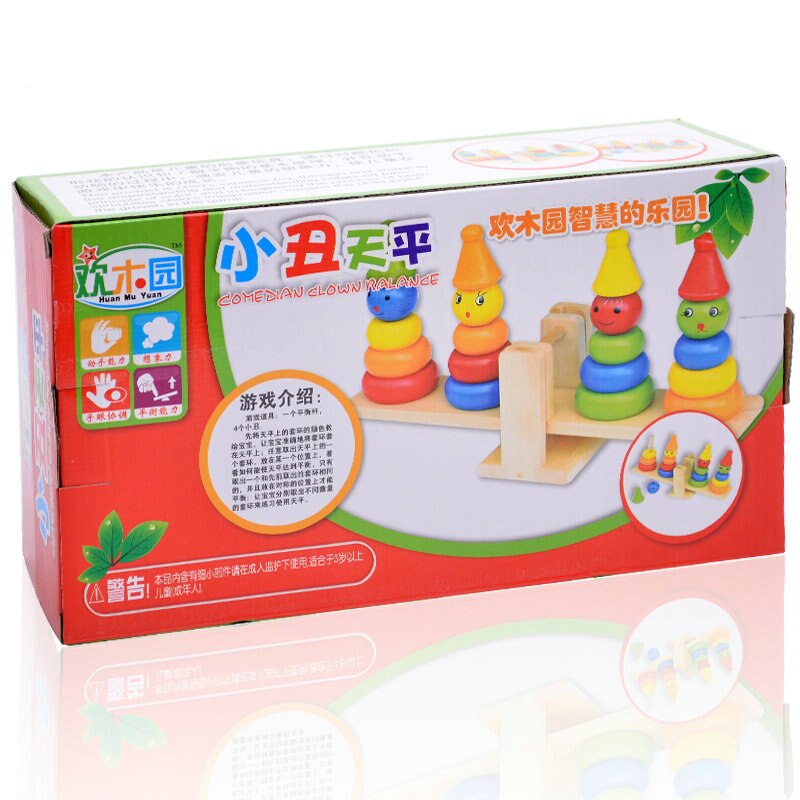 Montessori teaching AIDS children wooden rainbow tower balance toys, children clown balance blocks wood toys