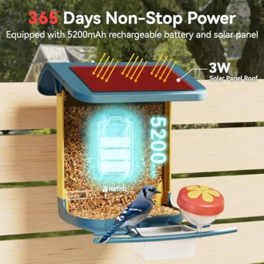 Outdoor bird feeder with camera: dark blue, ABS plastic, 2K live stream, 2.4GHz/5GHz Wi-Fi, 1.8L capacity, AI bird identificati