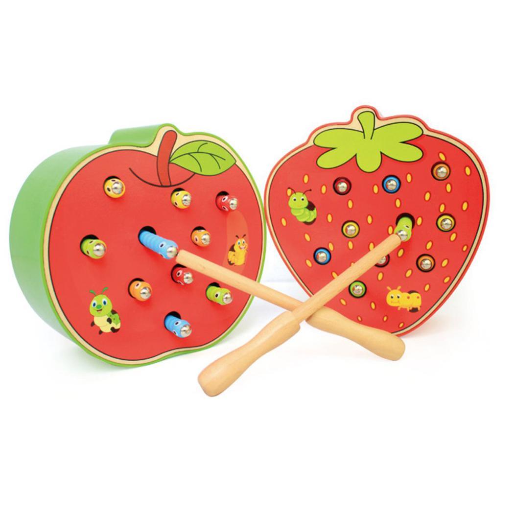 New Fruit Shape Kids Wooden Toys Catch Worms Games with Magnetic Stick Montessori Educational Creature Blocks Interactive Toys