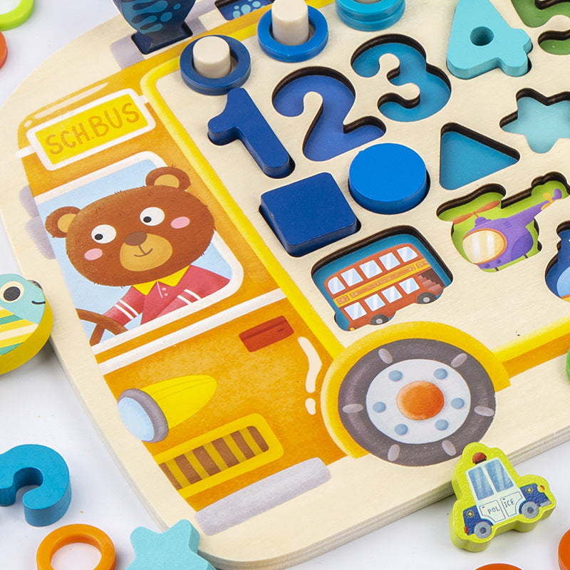 Busy School Bus Bus Logarithmic Board Children's Educational Toys Digital Shape Fishing Operation Building Blocks Early Education Development
