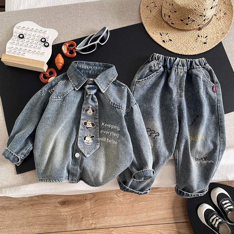 Autumn tie denim long sleeved two-piece set