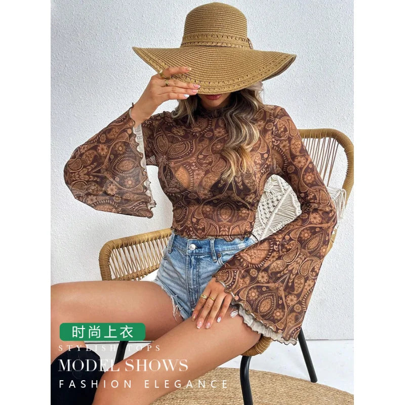 2026 Spring/Summer New Women's Fashion Sexy Mesh Printed Round Neck Trumpet Sleeve Long Sleeve T-shirt Short Slim Fit Top