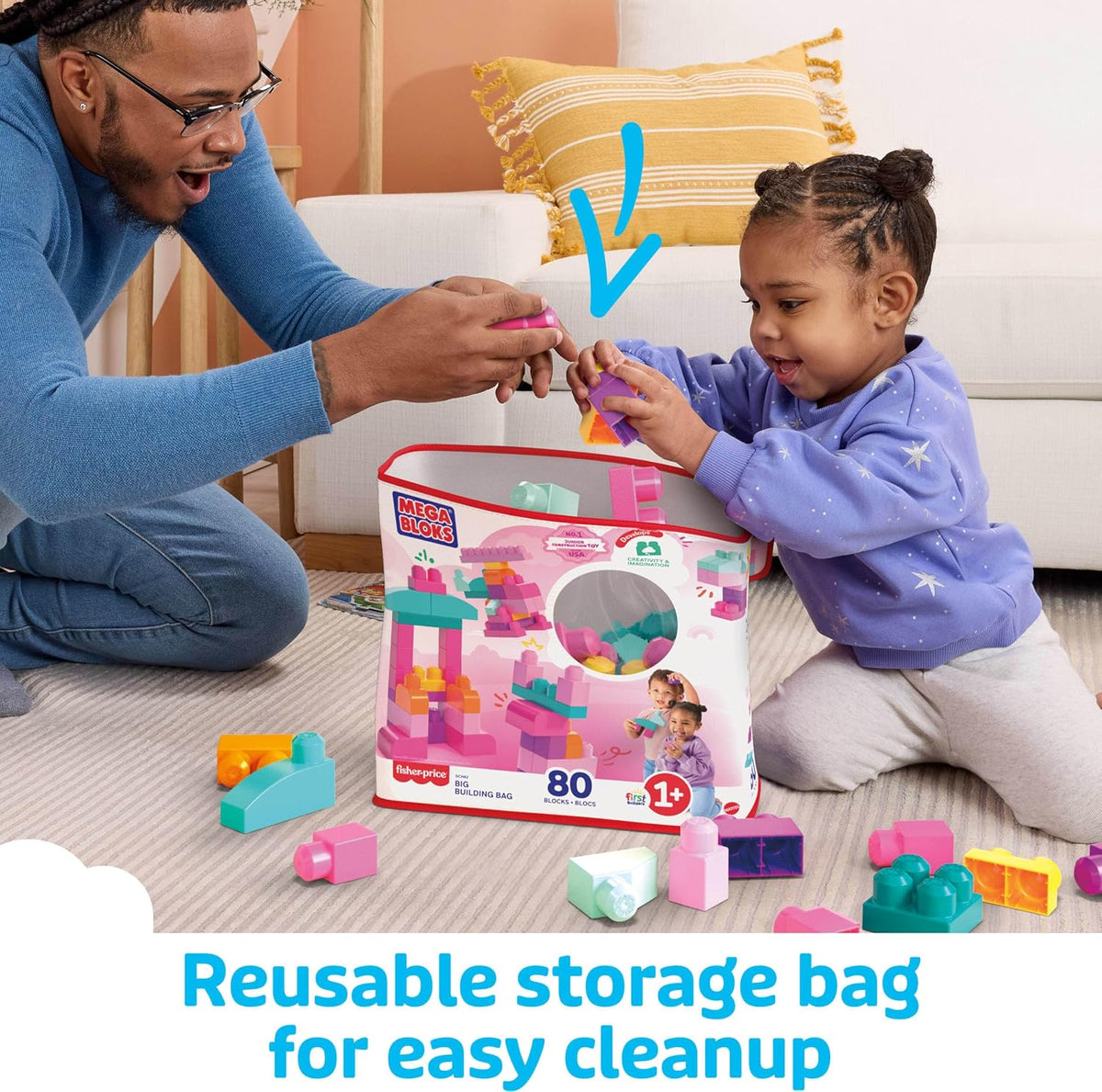 MEGA BLOKS First Builders Big Building Bag Toddler Blocks Toy Pink