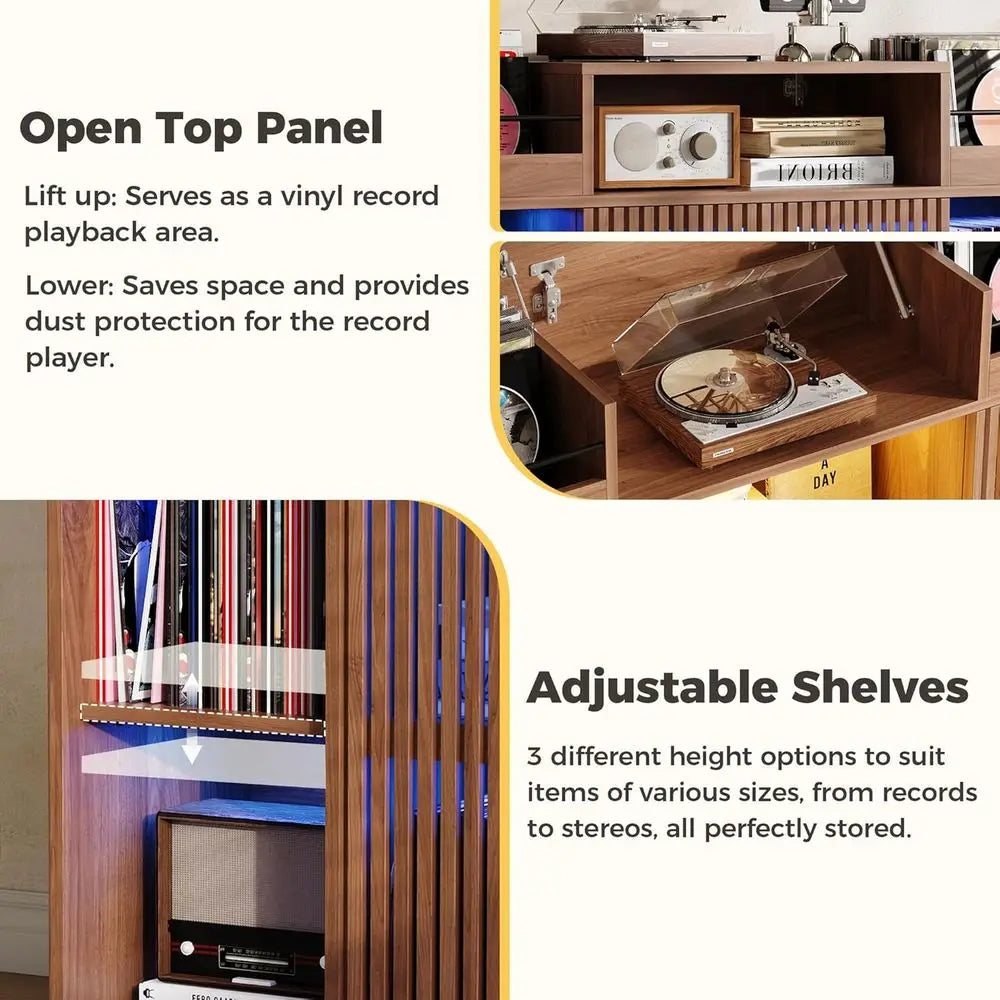 Elegant Vinyl Record Storage Cabinet, Holds Over 1500 Records, with Sliding Doors, Charging Station, LED Lighting, Brown