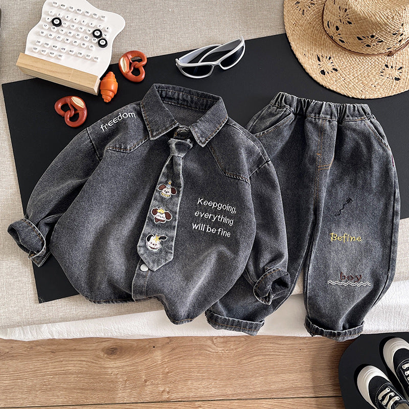 Autumn tie denim long sleeved two-piece set
