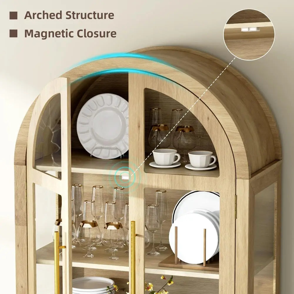 71 Arched Curio Cabinet with Glass Doors, 4Shelves Display Cabinet and 2 Drawers, Display Case with 3 Color Lights, Tall Bookca